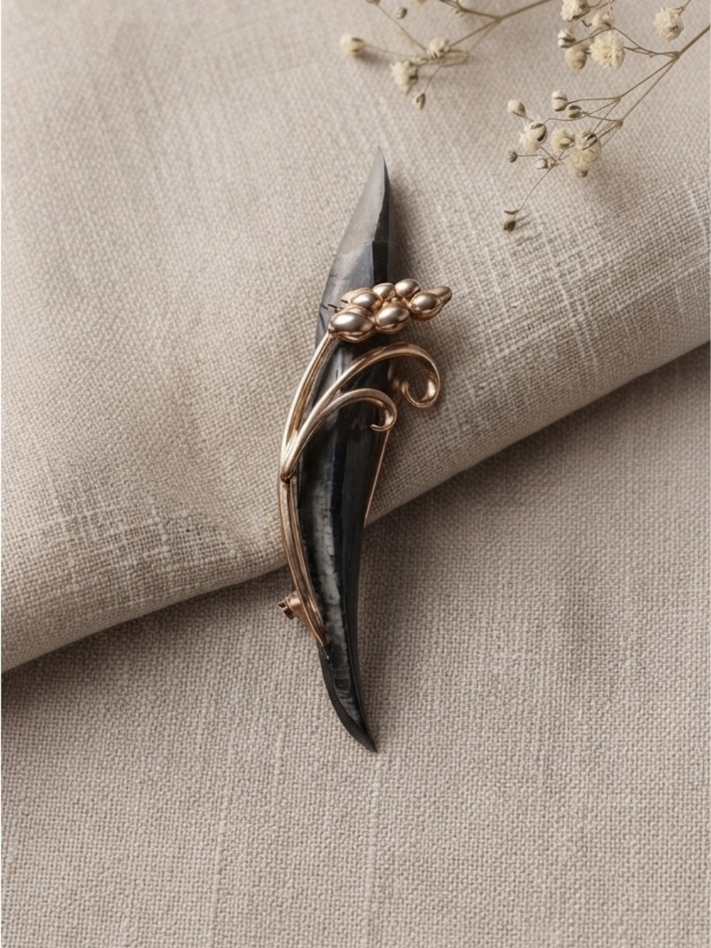 Art Deco Style Statement Brooch - Long Black Horn & Gold Scrollwork